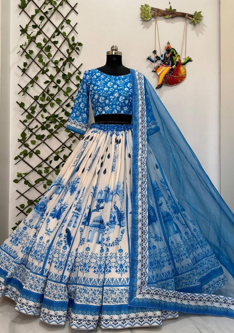 Sky Blue Embroidered Cotton Lehenga Set - Indya