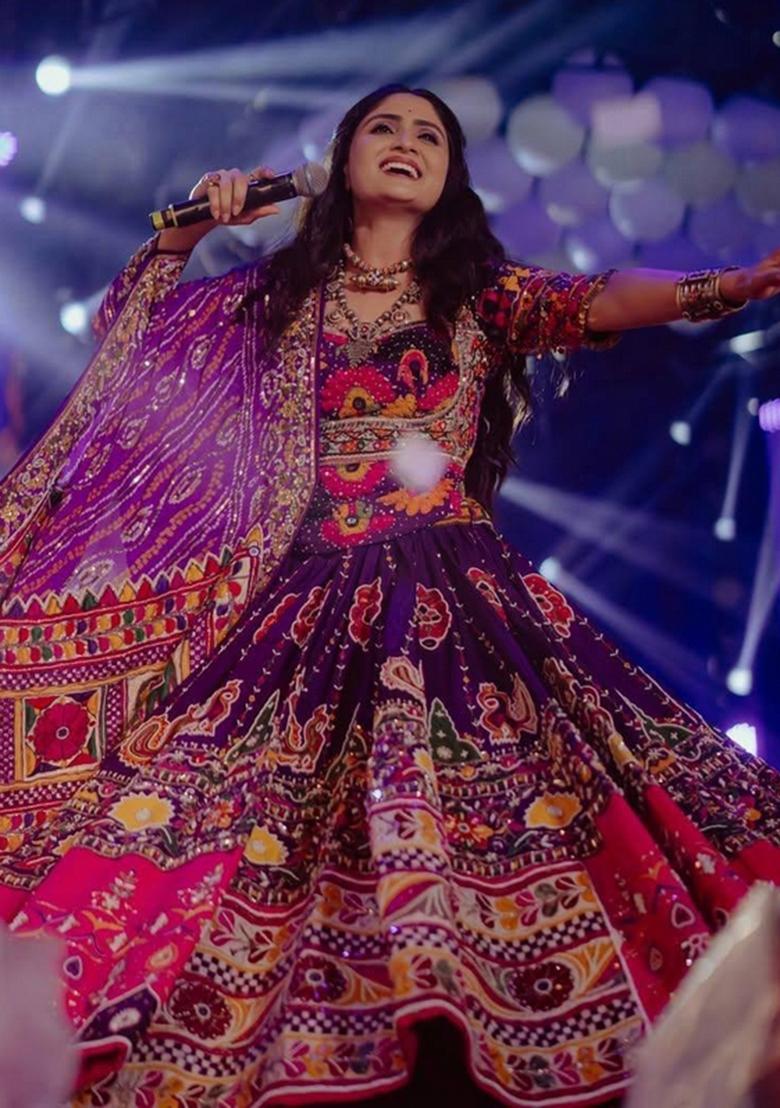 Purple Embroidered Cotton Lehenga Set - Indya