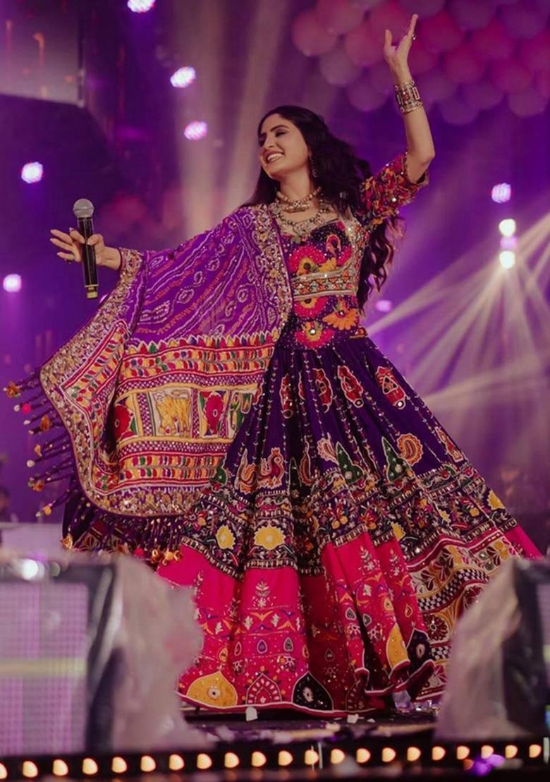 Purple Embroidered Cotton Lehenga Set - Indya