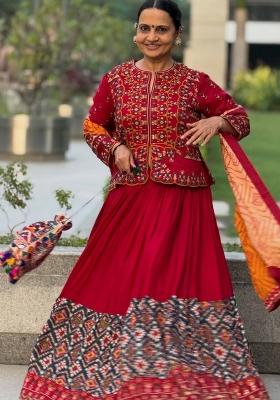Red Embroidered Cotton Lehenga Set