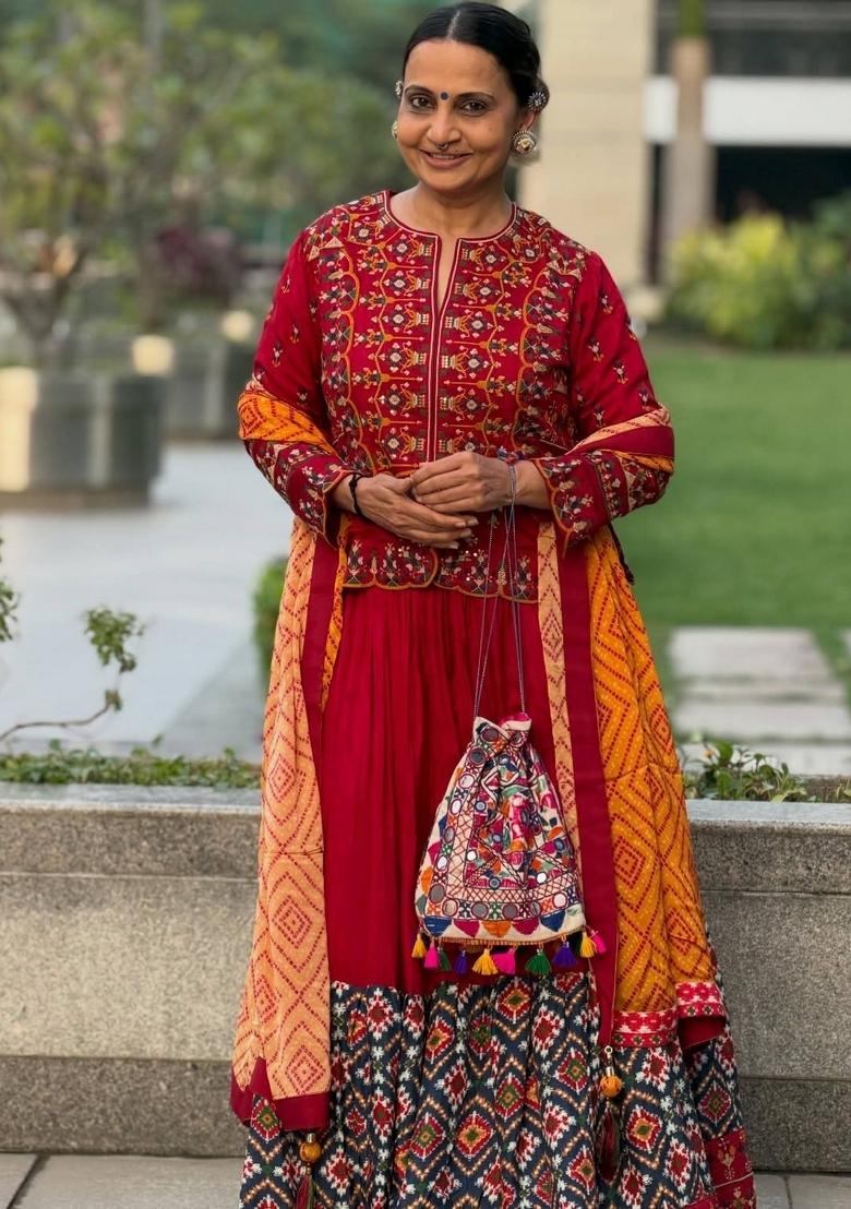 Red Embroidered Cotton Lehenga Set - Indya