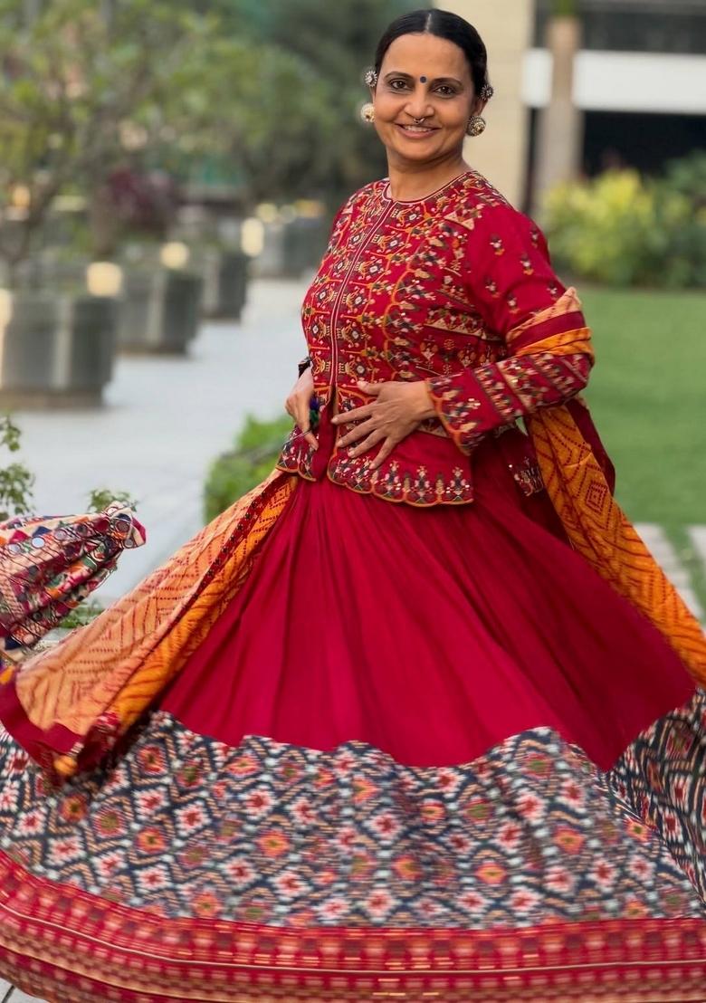 Red Embroidered Cotton Lehenga Set - Indya
