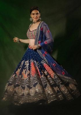 Blue Embroidered Cotton Lehenga Set