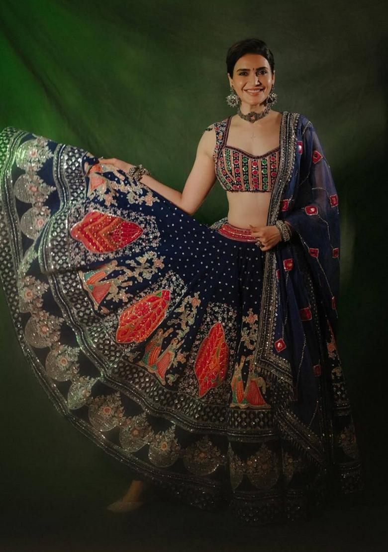 Blue Embroidered Cotton Lehenga Set - Indya