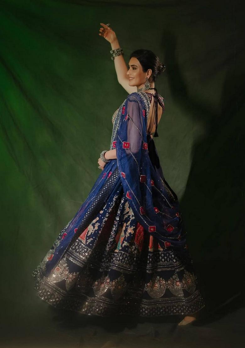 Blue Embroidered Cotton Lehenga Set - Indya