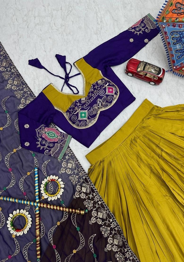 Yellow Embroidered Cotton Lehenga Set - Indya