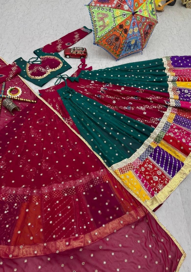 Pink Embroidered Georgette Lehenga Set - Indya