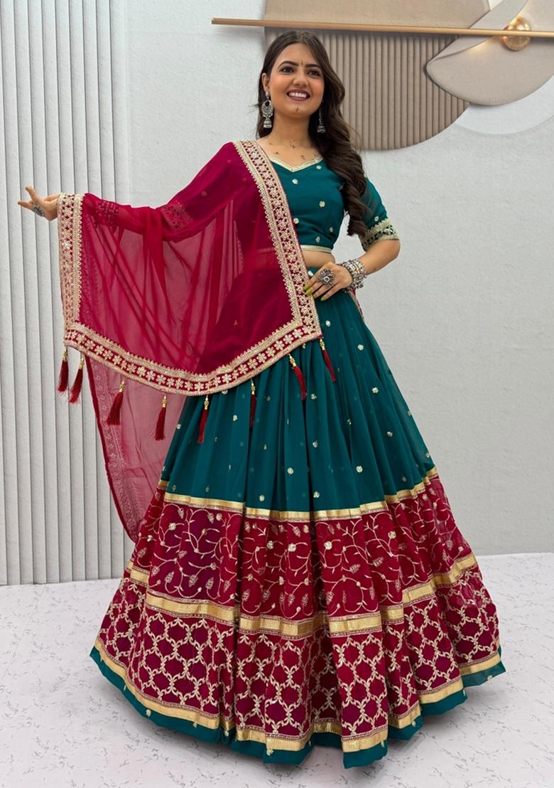 Rama Embroidered Georgette Lehenga Set - Indya