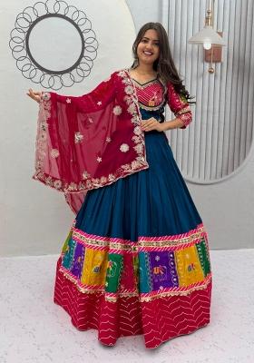 Blue Embroidered Georgette Lehenga Set