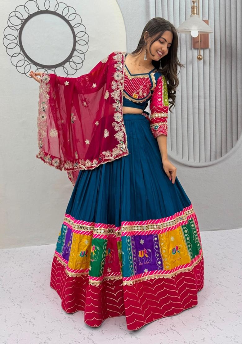 Blue Embroidered Georgette Lehenga Set - Indya