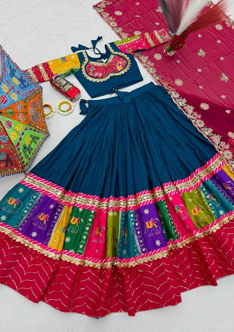 Blue Embroidered Georgette Lehenga Set - Indya