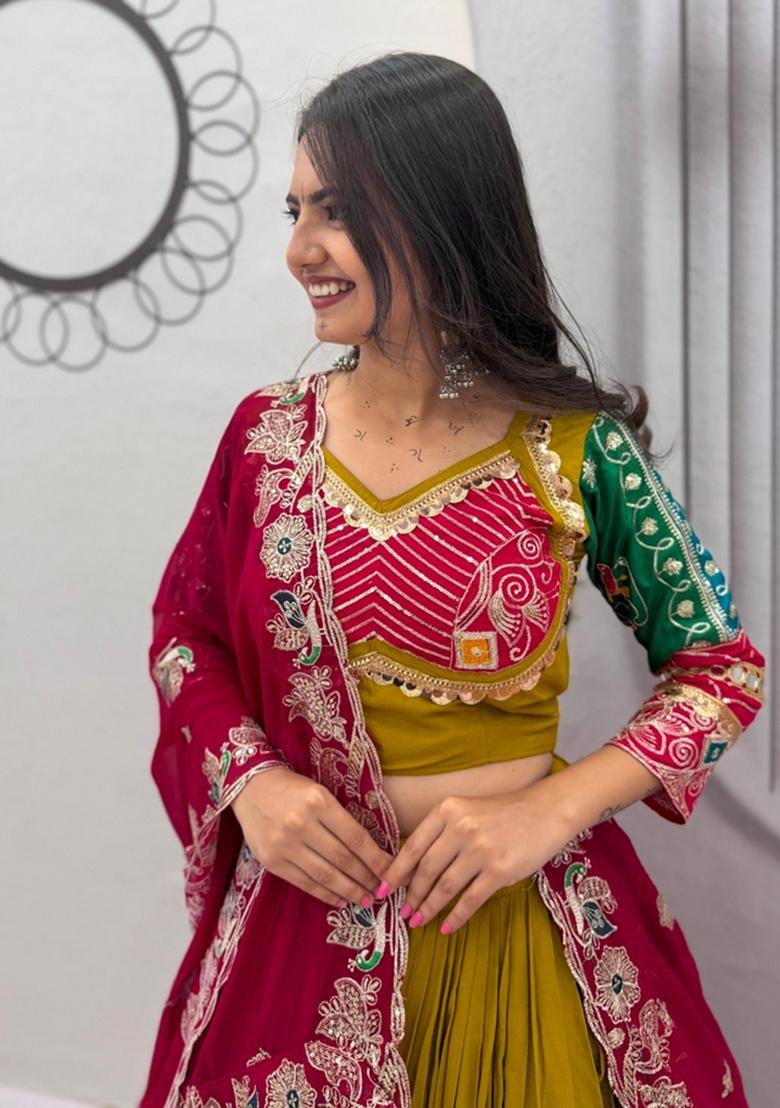 Yellow Embroidered Georgette Lehenga Set - Indya