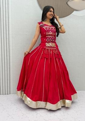 Red Embroidered Cotton Lehenga Set