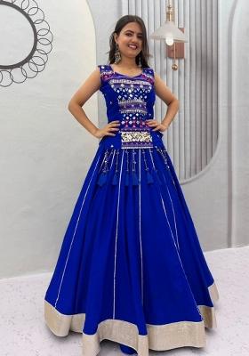 Blue Embroidered Cotton Lehenga Set