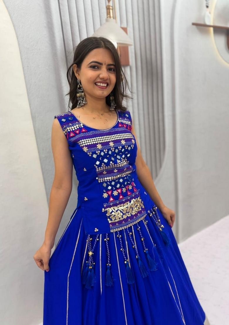 Blue Embroidered Cotton Lehenga Set - Indya