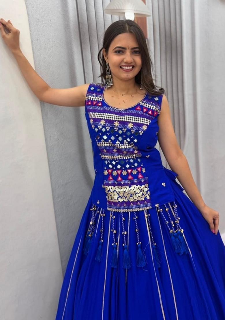Blue Embroidered Cotton Lehenga Set - Indya
