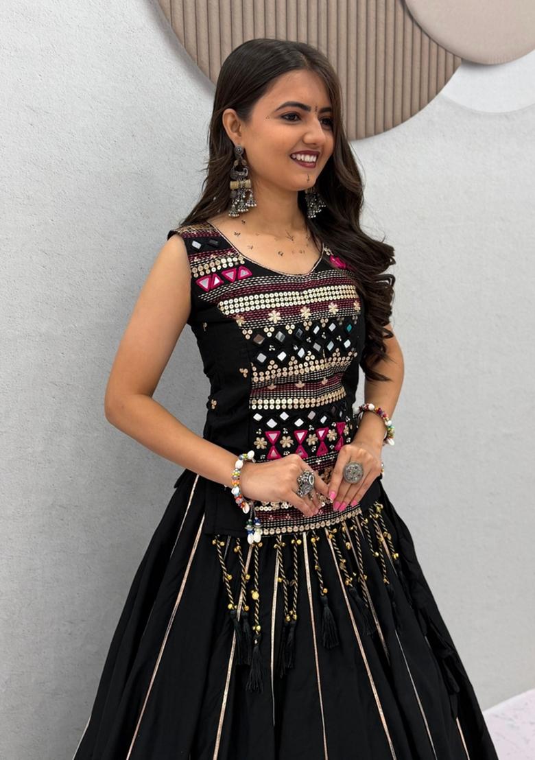 Black Embroidered Cotton Lehenga Set - Indya