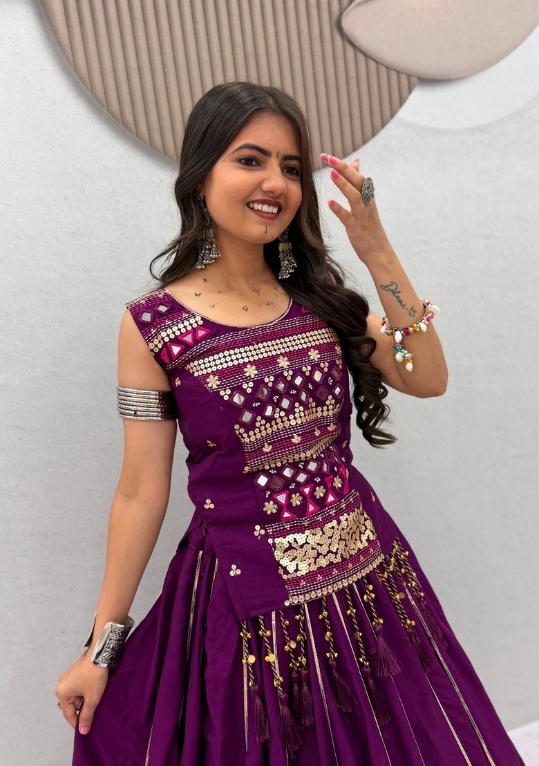 Wine Embroidered Cotton Lehenga Set - Indya