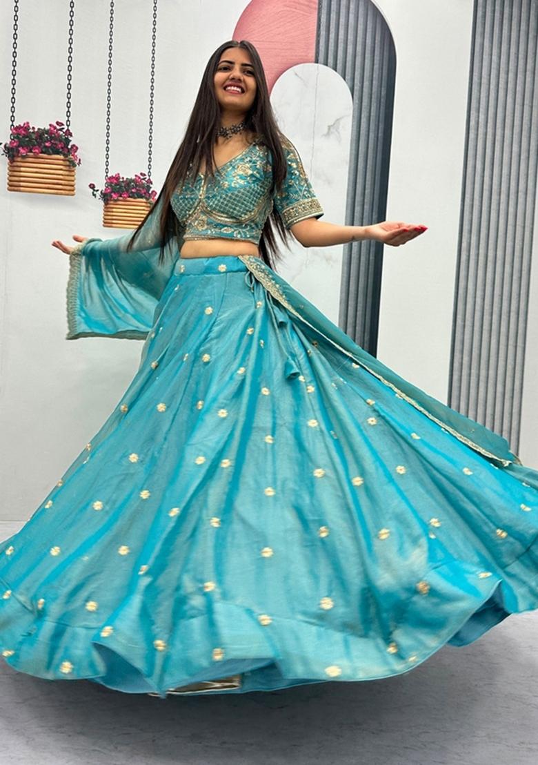 Sky Blue Embroidered Mosh Lehenga Set - Indya