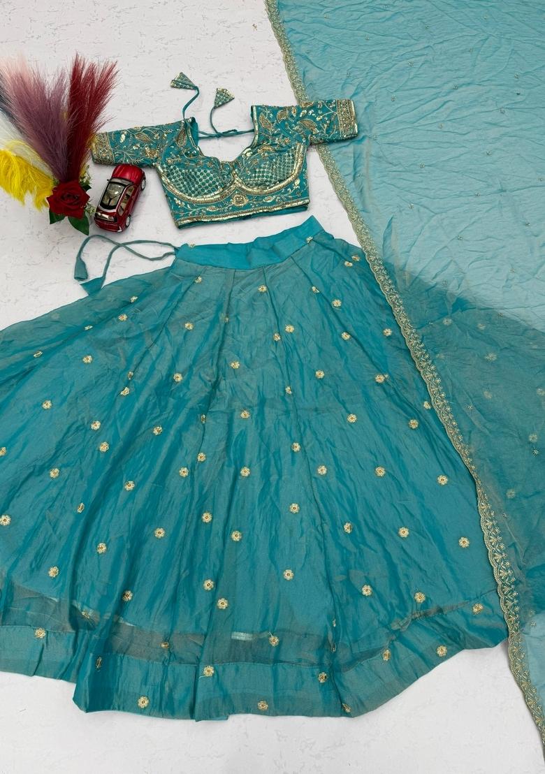 Sky Blue Embroidered Mosh Lehenga Set - Indya