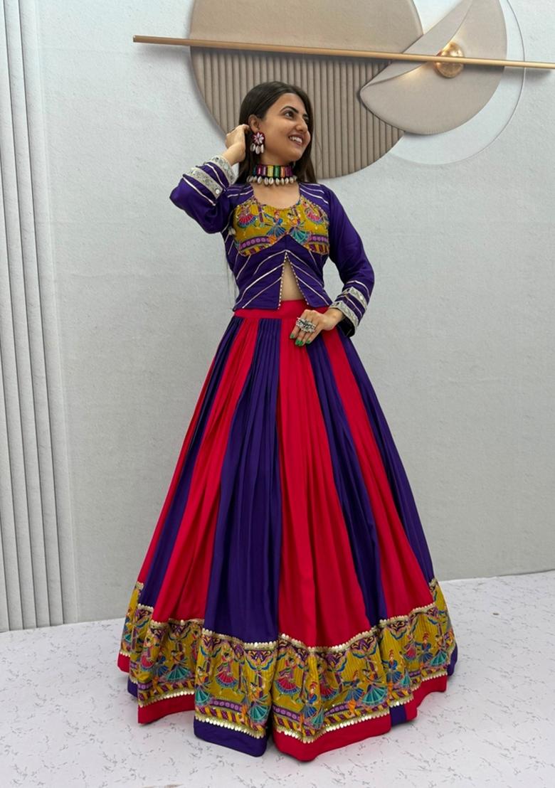 Multicolor Embroidered Cotton Lehenga Set - Indya