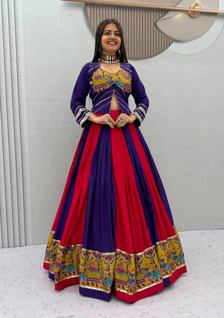 Multicolor Embroidered Cotton Lehenga Set - Indya