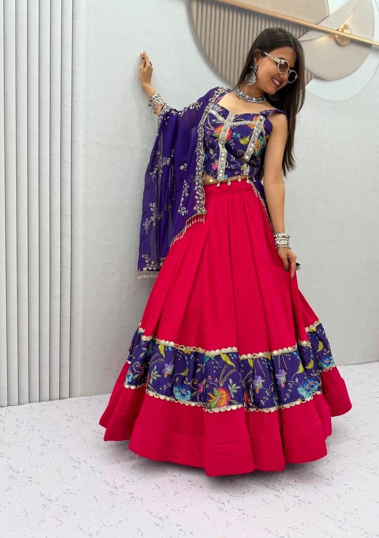 Red Embroidered Georgette Lehenga Set - Indya