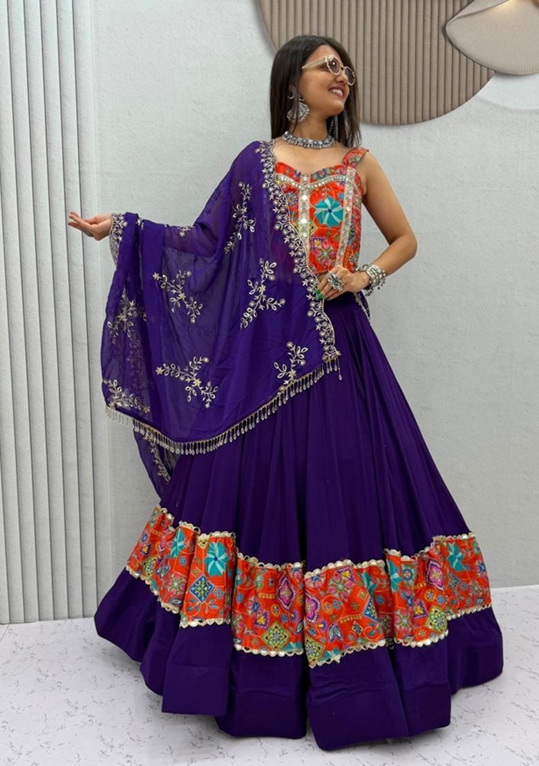 Blue Embroidered Georgette Lehenga Set - Indya