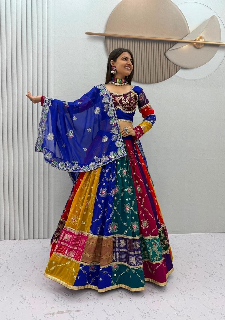 Multicolor Embroidered Georgette Lehenga Set - Indya