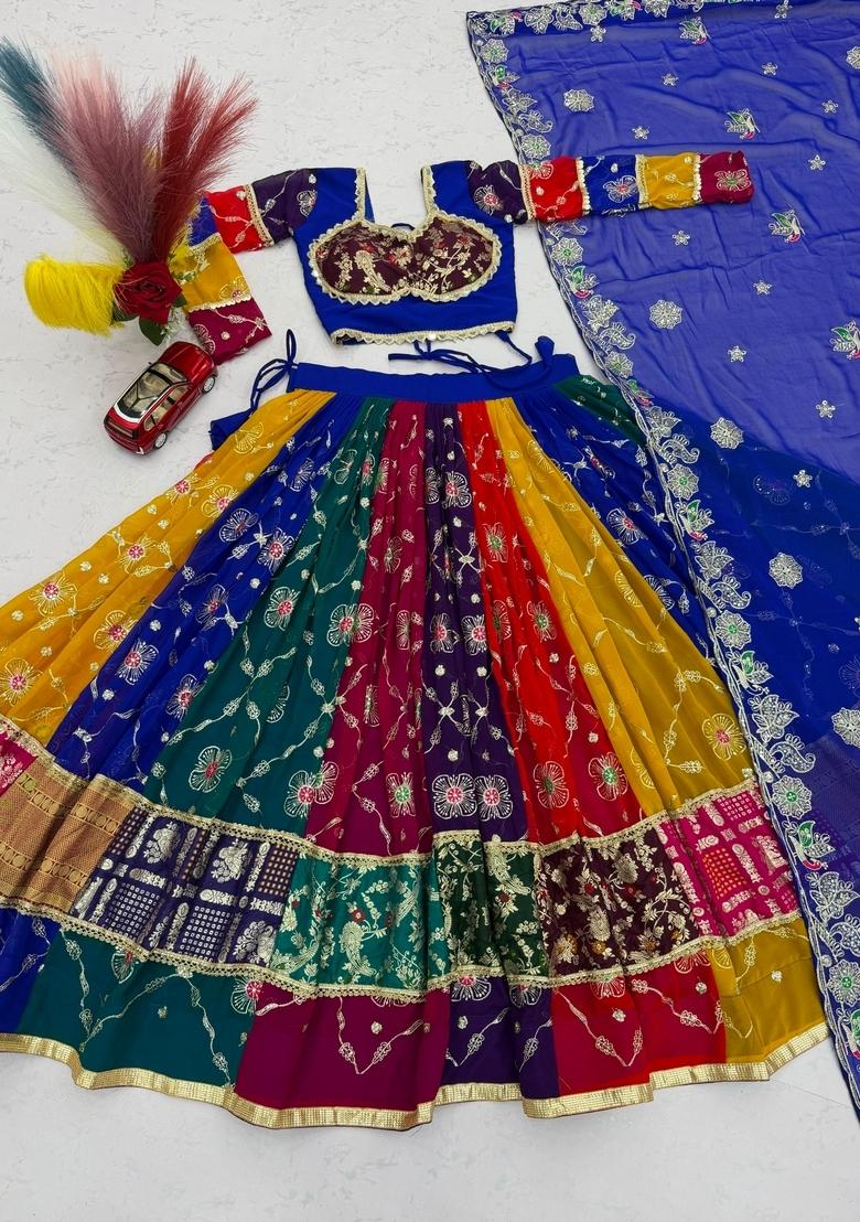 Multicolor Embroidered Georgette Lehenga Set - Indya