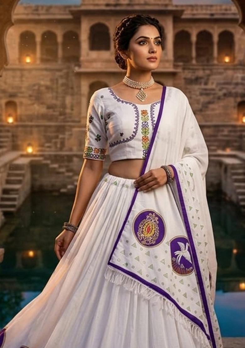 White Embroidered Cotton Lehenga Set - Indya