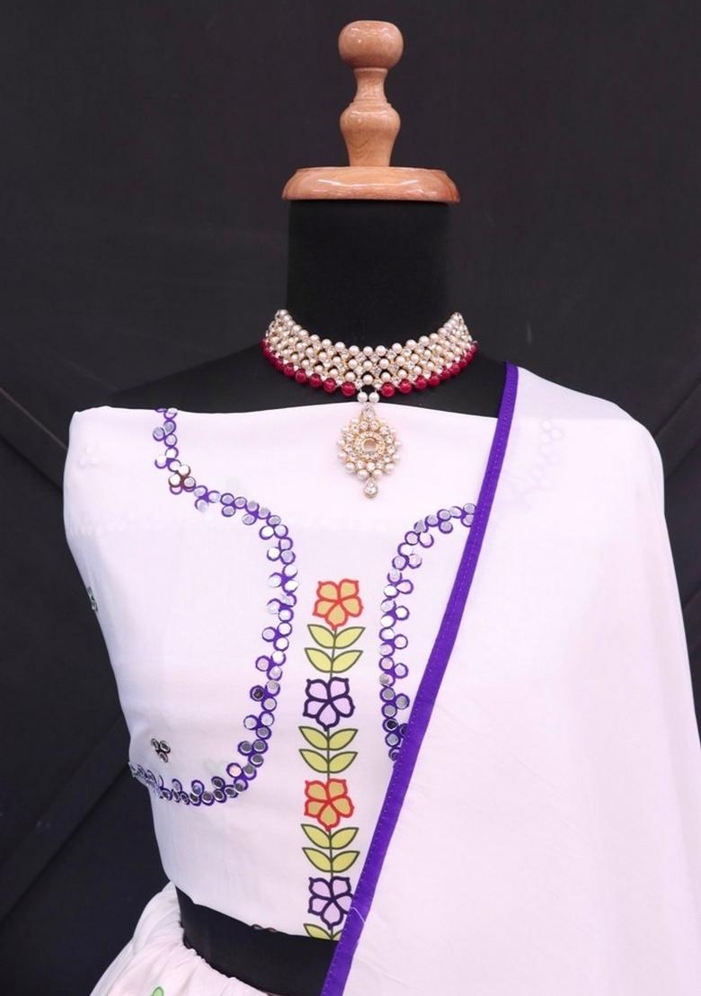 White Embroidered Cotton Lehenga Set - Indya