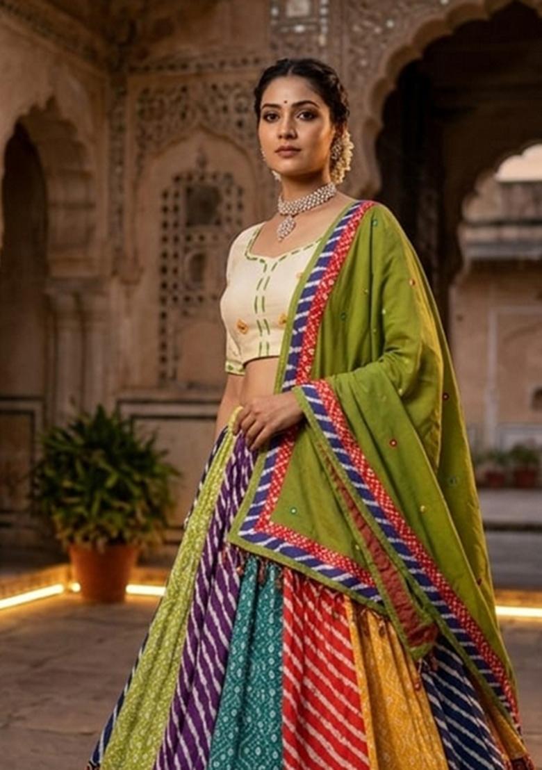 Multicolor Embroidered Cotton Lehenga Set - Indya