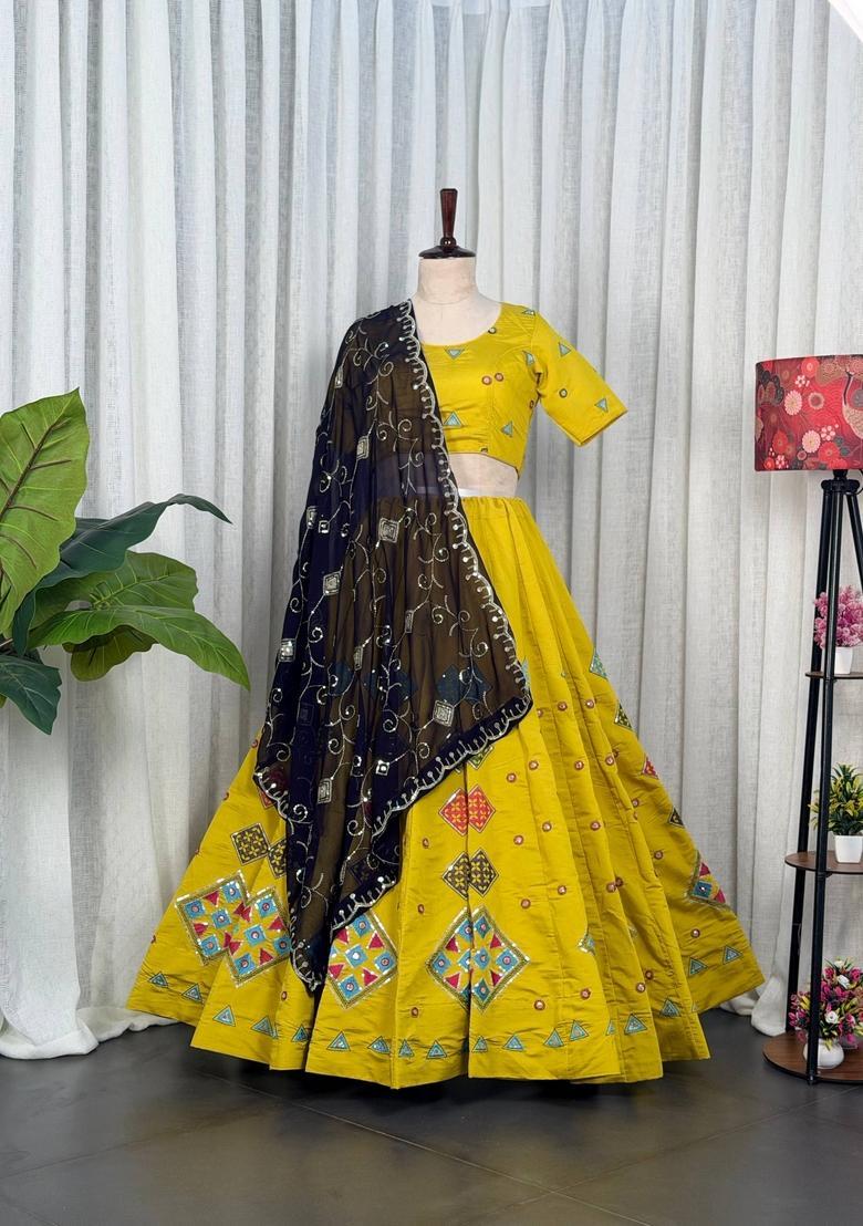Yellow Embroidered Silk Lehenga Set - Indya