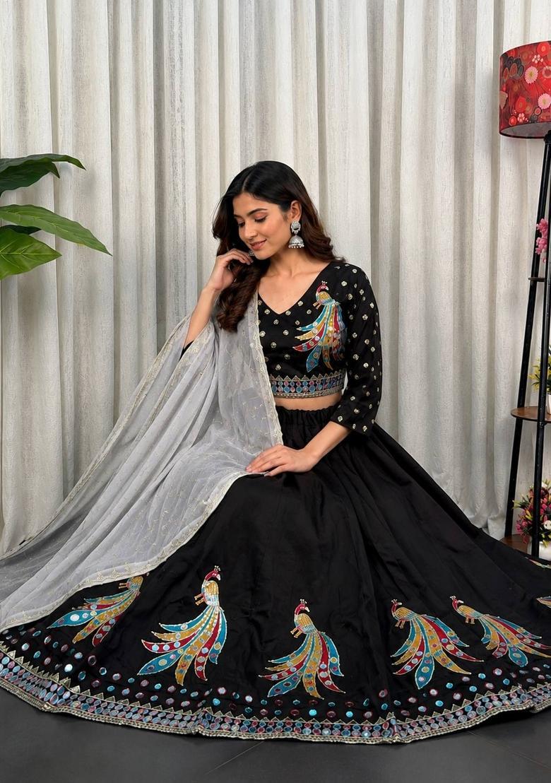 Black Embroidered Silk Lehenga Set - Indya