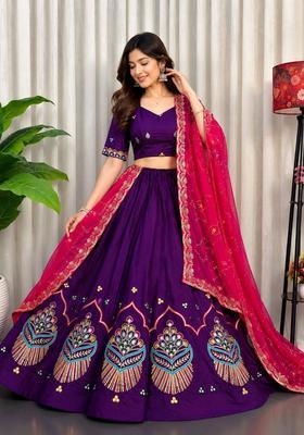 Purple Embroidered Silk Lehenga Set