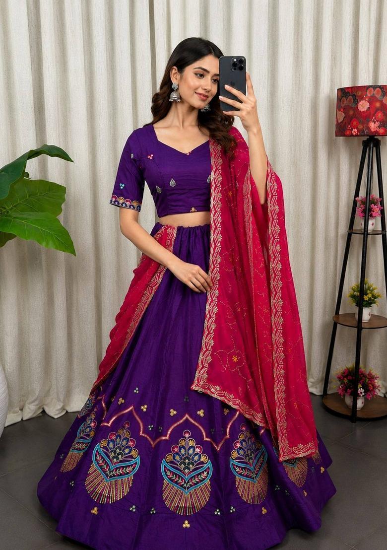 Purple Embroidered Silk Lehenga Set - Indya