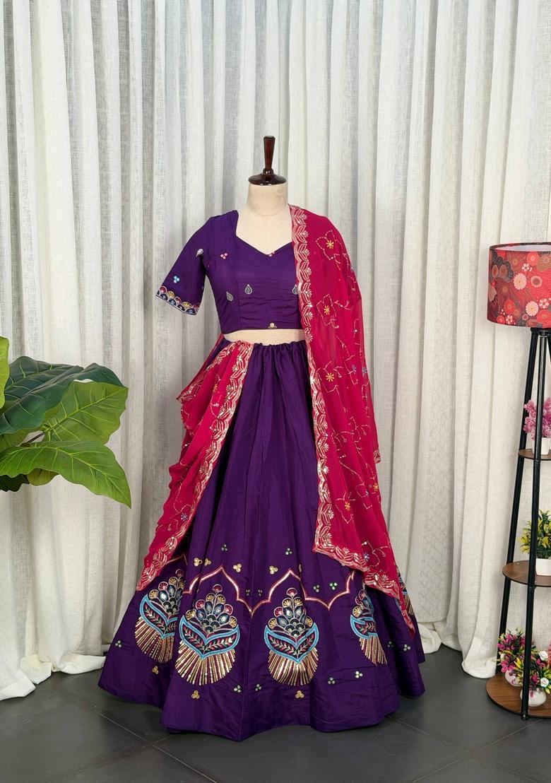 Purple Embroidered Silk Lehenga Set - Indya