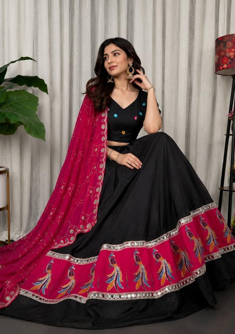 Black Embroidered Silk Lehenga Set - Indya