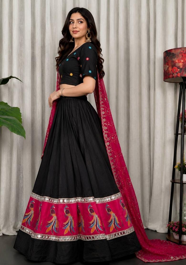 Black Embroidered Silk Lehenga Set - Indya