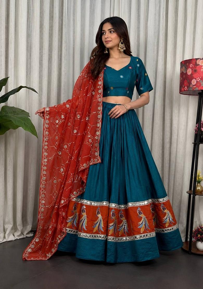 Green Embroidered Silk Lehenga Set - Indya