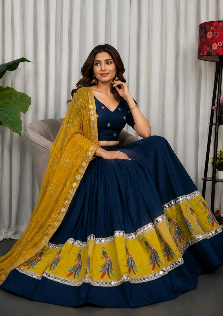 Blue Embroidered Silk Lehenga Set - Indya