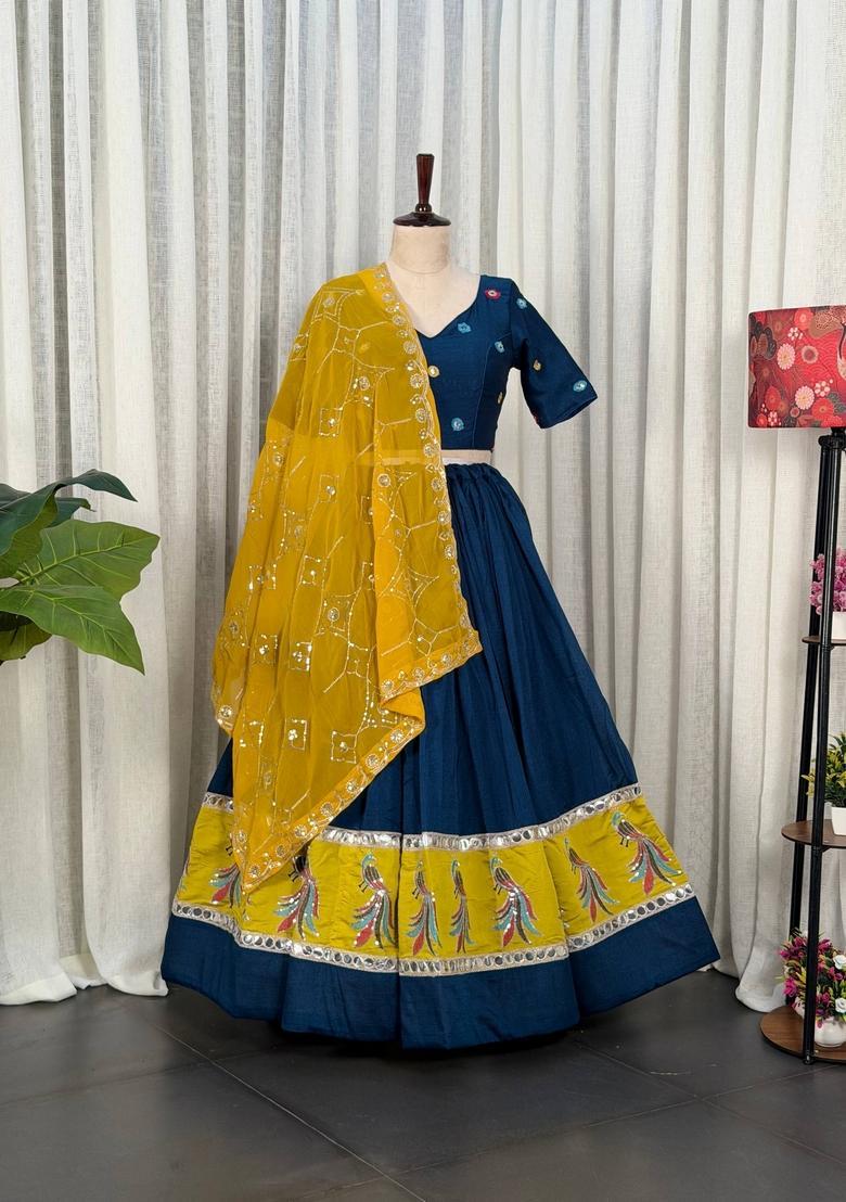 Blue Embroidered Silk Lehenga Set - Indya