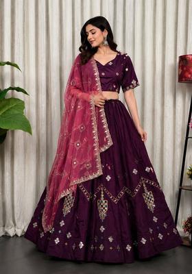 Purple Embroidered Silk Lehenga Set