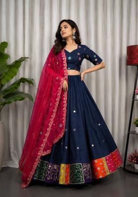 Blue Embroidered Silk Lehenga Set