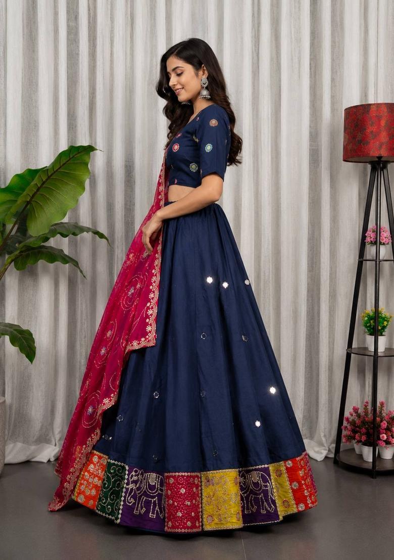 Blue Embroidered Silk Lehenga Set - Indya