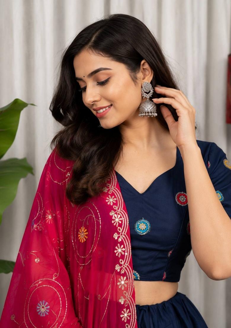 Blue Embroidered Silk Lehenga Set - Indya