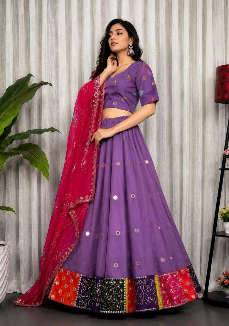 Purple Embroidered Silk Lehenga Set - Indya