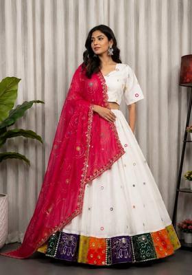 White Embroidered Silk Lehenga Set