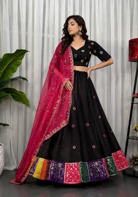 Black Embroidered Silk Lehenga Set